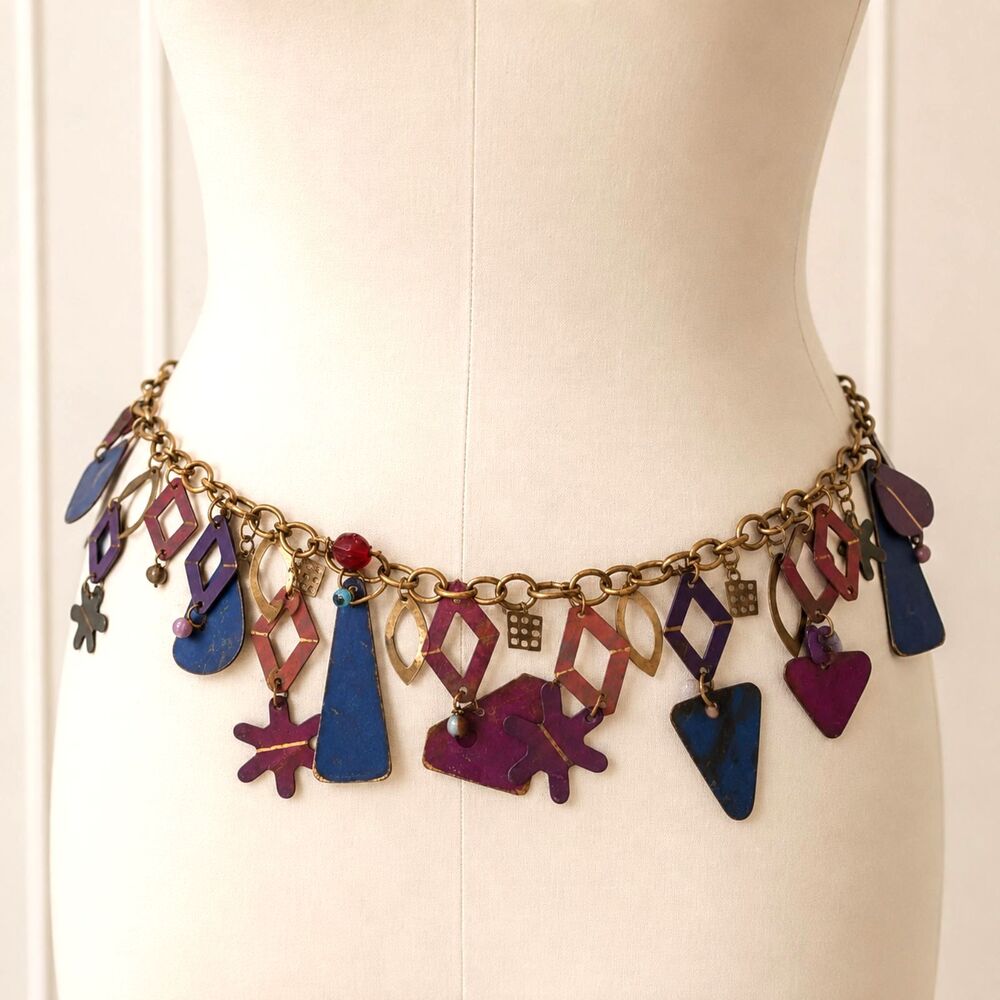 Vintage Brass Tone Boho Chain Statement Belt Multi Color Charms 42 Inch